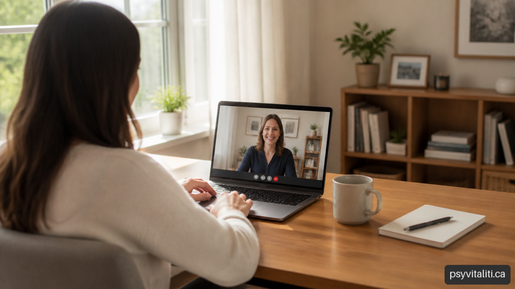 A person taking part in an online therapy video call on a laptop in a comfortable home setting.